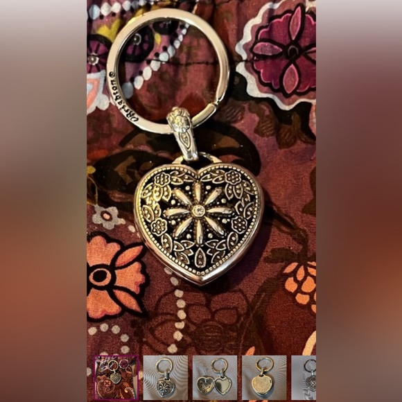 Brighton Heart Photo Locket Keychain Purse Fob Keyring Silver Plated Floral - Picture 6 of 7